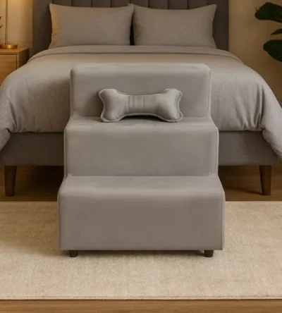 Escada Escadinha Para Pet 3 Degraus Osso Cor Cappuccino Veludo Liberty Móveis