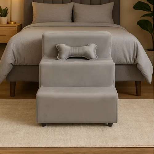 Escada Escadinha Para Pet 3 Degraus Osso Cor Cappuccino Veludo Liberty Móveis