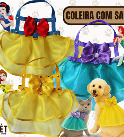 Coleira Peitoral de Saia - Gato ou Cachorro - Acompanha Guia - Personagens