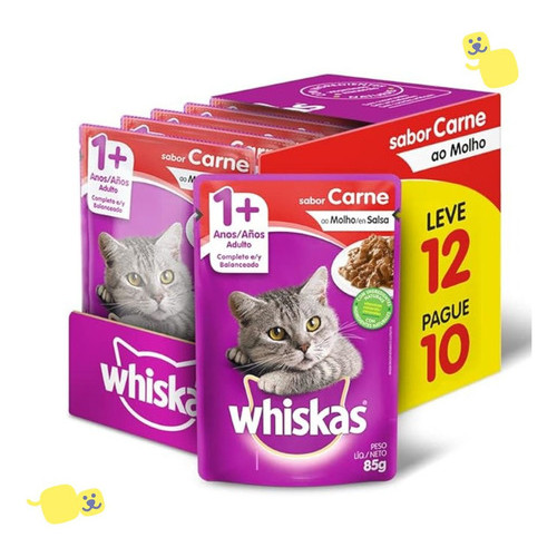 Kit 12 Sachês Whiskas Alimento Úmido Gatos Adultos 1+ Sabor Carne Ao Molho 85g Cat Proteínas 8%