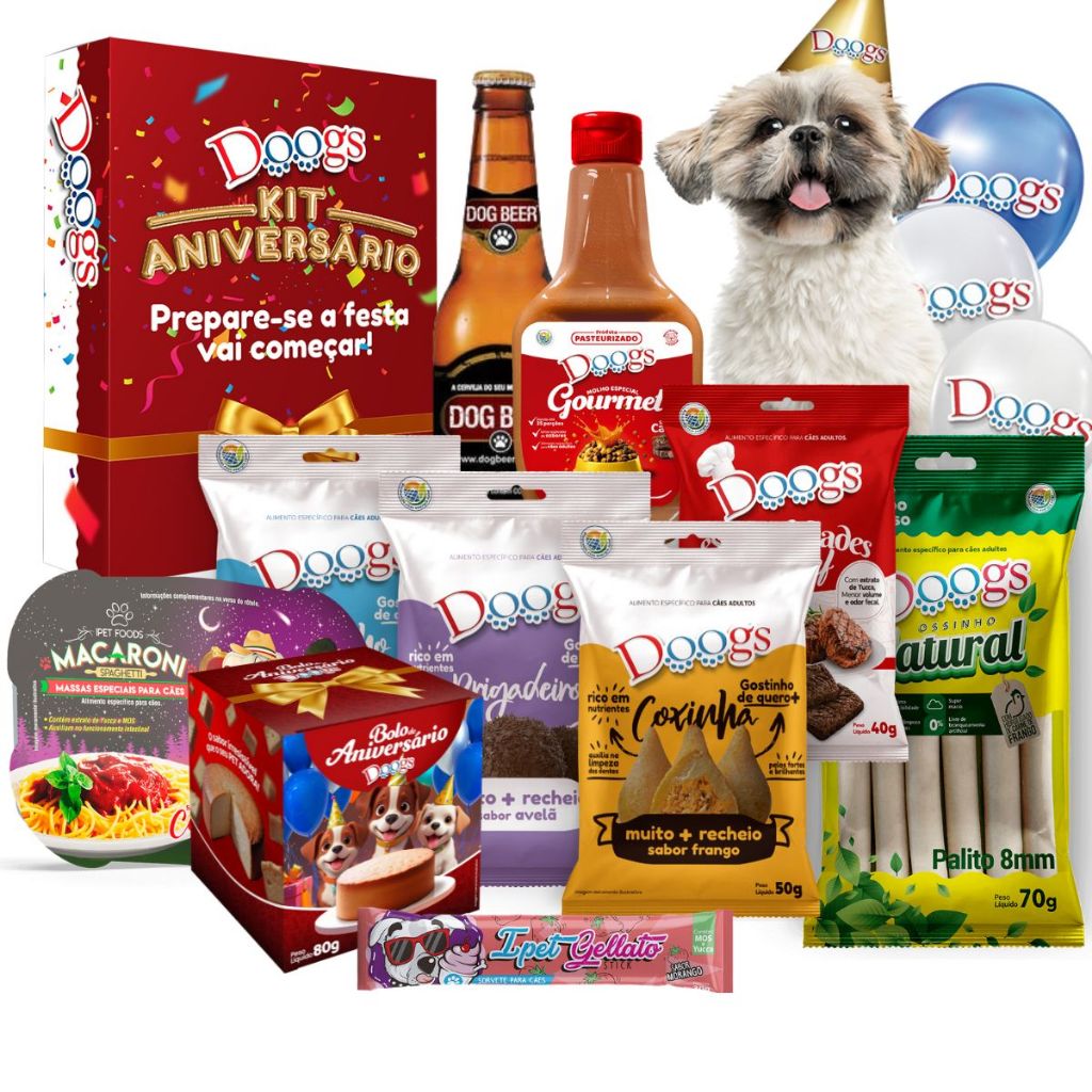 Kit Aniversário Doogs Festa para Cachorros – 14 itens Snacks Petiscos Bolo