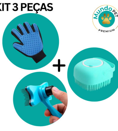 Kit Cuidados Pet Luva Tira Pelos Nano + Escova lava Pet Silicone Dispenser + pente escova removedora