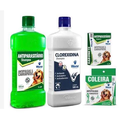 Kit familia World, Shampoo Sabonete e coleira Antiparasitários e Shampoo Corexidina Antiqueda 500ml