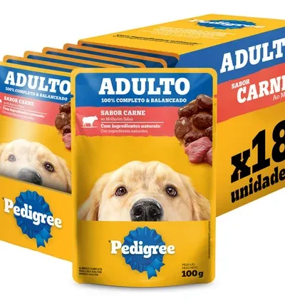 Pack Ração Úmida Pedigree para Cães Adultos Sachê Carne ao Molho, 100g - Caixa com 18 unidades